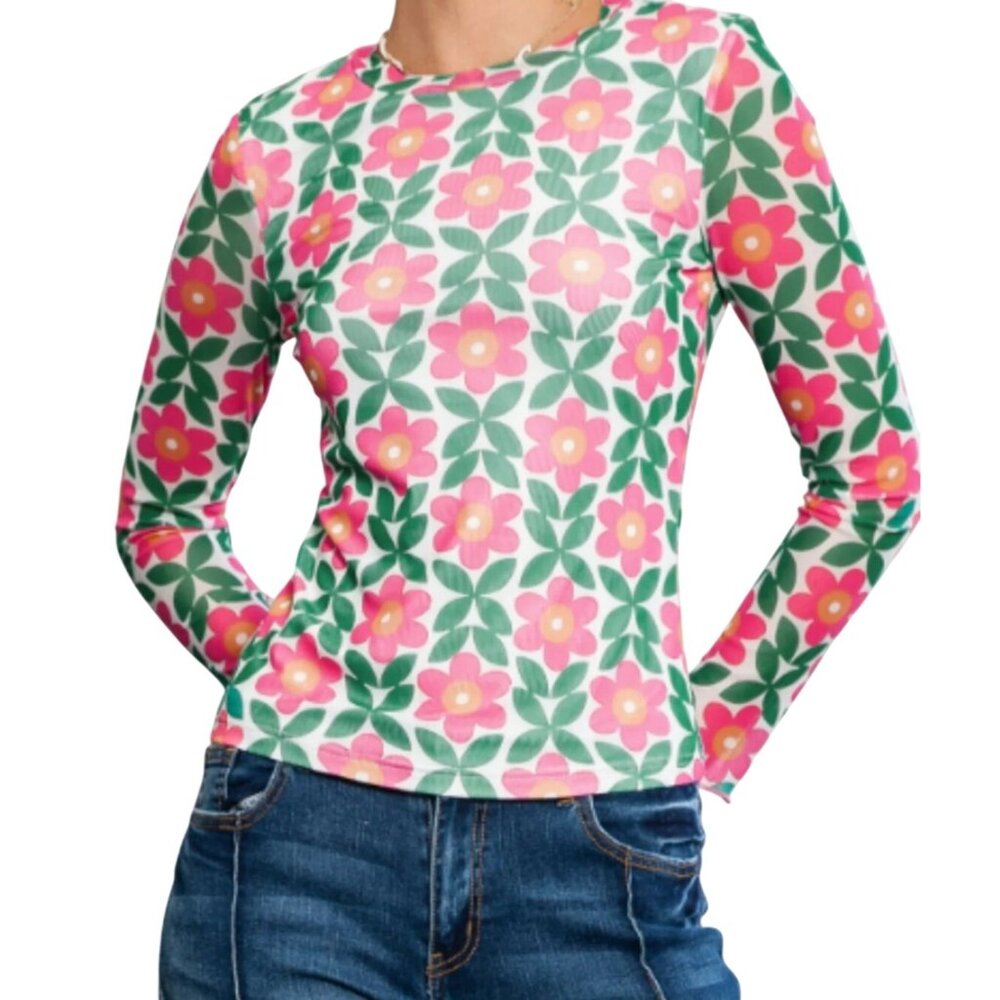 Floral Top Size XL Crewneck Long Sleeve Pink Green Polyester Blend Bohemian Chic